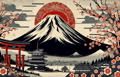 Papier Peint Mont Fuji Art Japonais avec Cerisiers en Fleurs