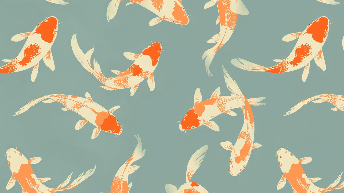 Papier Peint Japonais Carpes Koï Orange et Crème sur Fond Vert Sauge