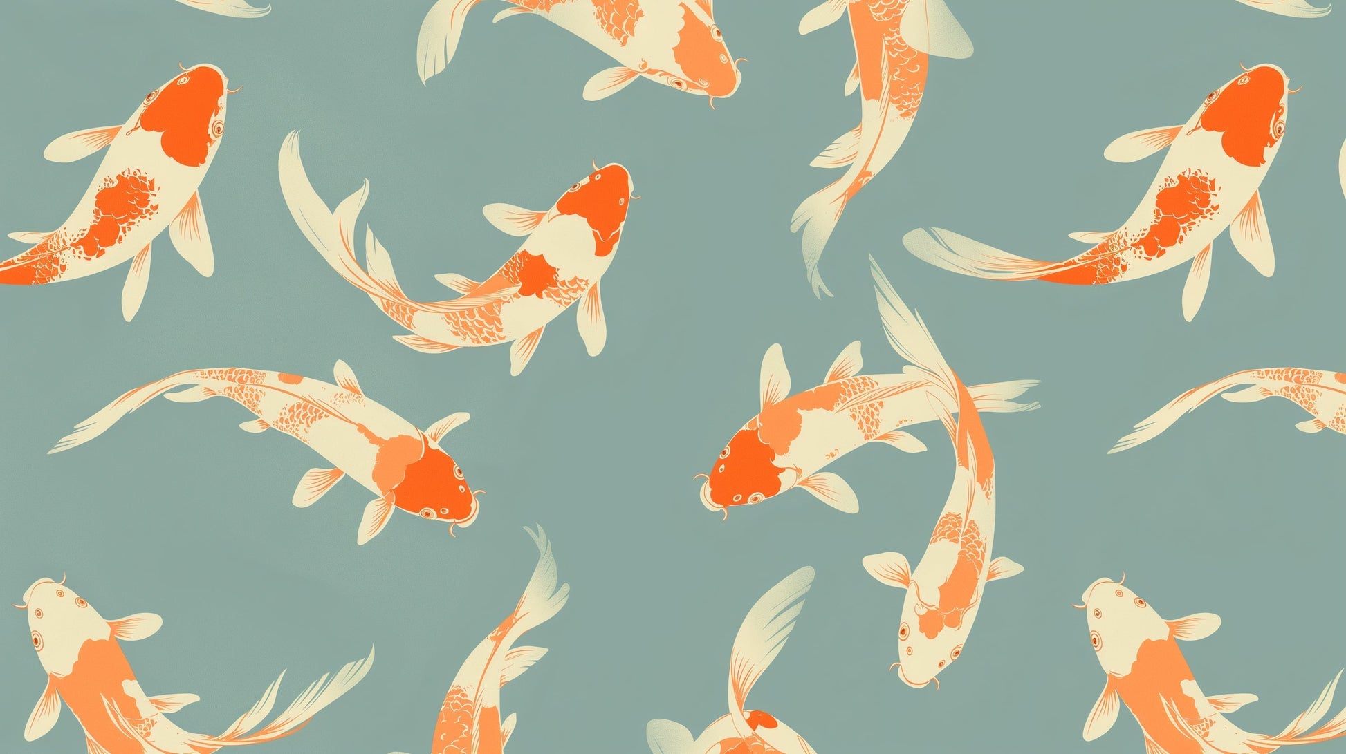 Papier Peint Japonais Carpes Koï Orange et Crème sur Fond Vert Sauge
