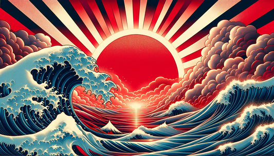 Papier Peint Japonais Grande Vague et Soleil Levant Style Ukiyoe