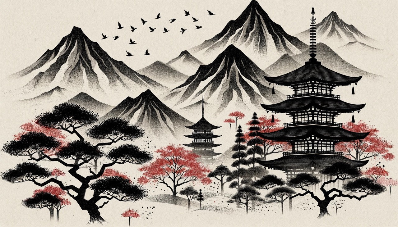 Papier Peint Japonais Temple et Cerisiers au Pied des Montagnes