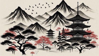 Papier Peint Japonais Temple et Cerisiers au Pied des Montagnes