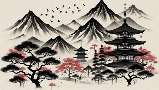 Papier Peint Japonais Temple et Cerisiers au Pied des Montagnes