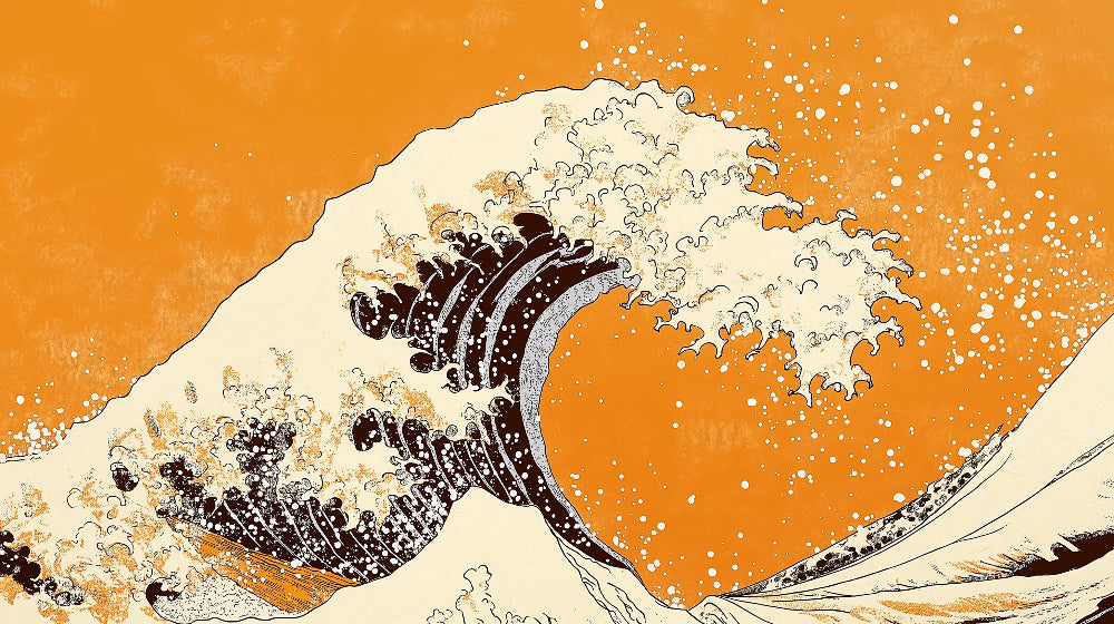 Papier Peint Grande Vague Art Japonais Orange et Noir