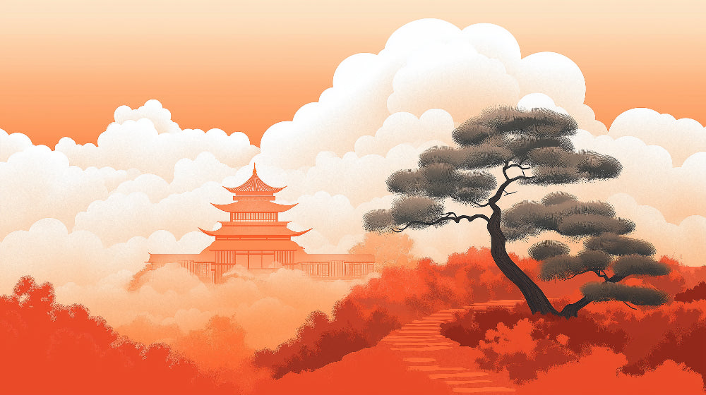 Papier Peint Japonais Pagode et Pin au Coucher du Soleil