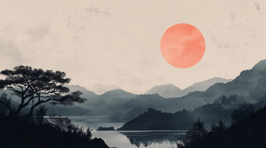 Papier Peint Japonais Paysage Montagneux et Soleil Corail