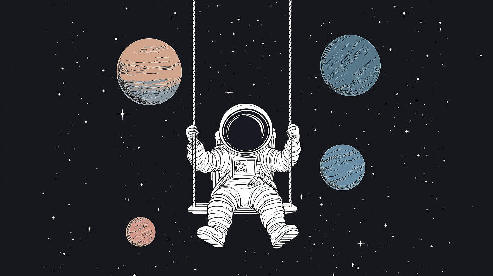 Papier Peint Astronaute Balançoire Spatiale avec Planètes