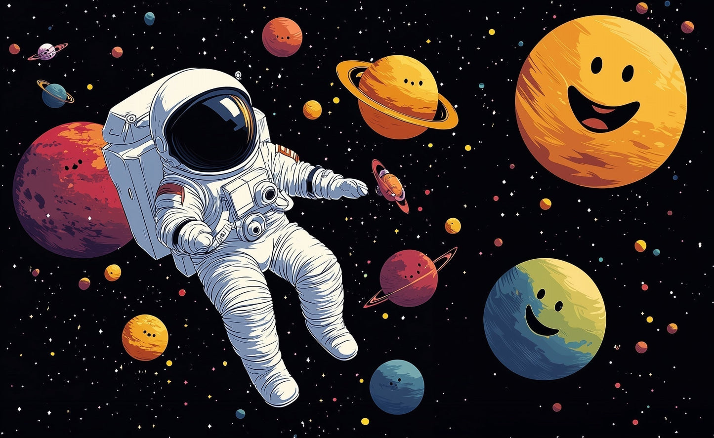 Papier Peint Espace Astronaute et Planètes Souriantes dans lUnivers