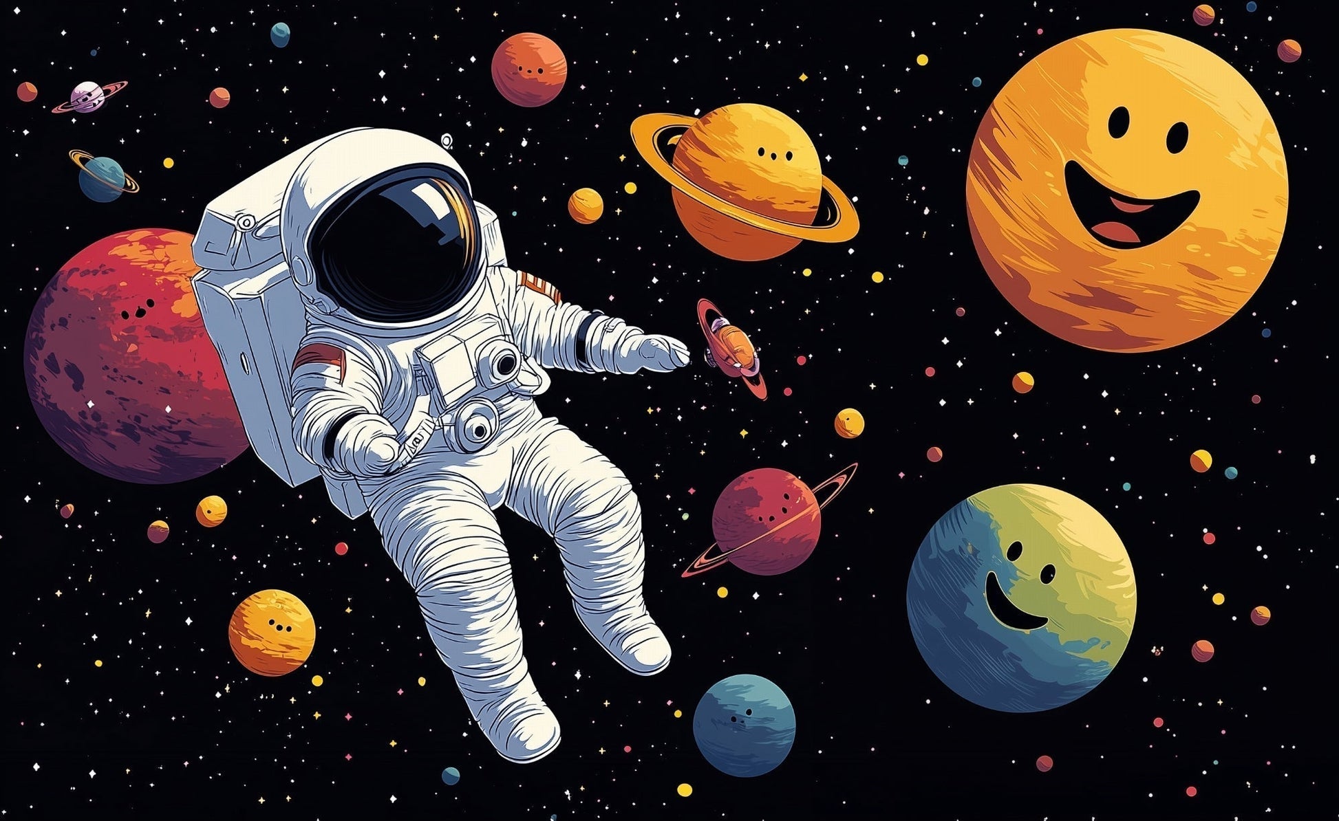 Papier Peint Espace Astronaute et Planètes Souriantes dans lUnivers