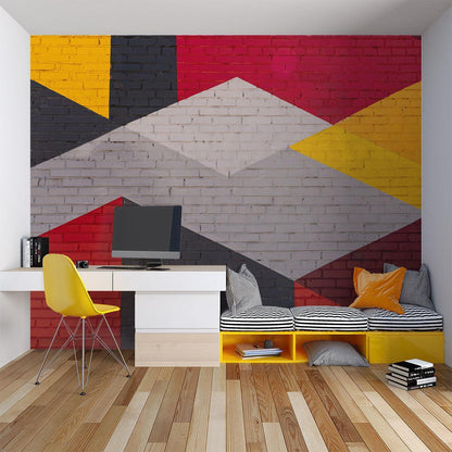 Papier Peint Géométrique Motif Briques Moderne Rouge et Jaune Example de Design 1