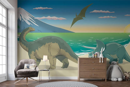 Papier Peint Dinosaure Paysage Préhistorique avec Montagnes et Océan Example de Design 1