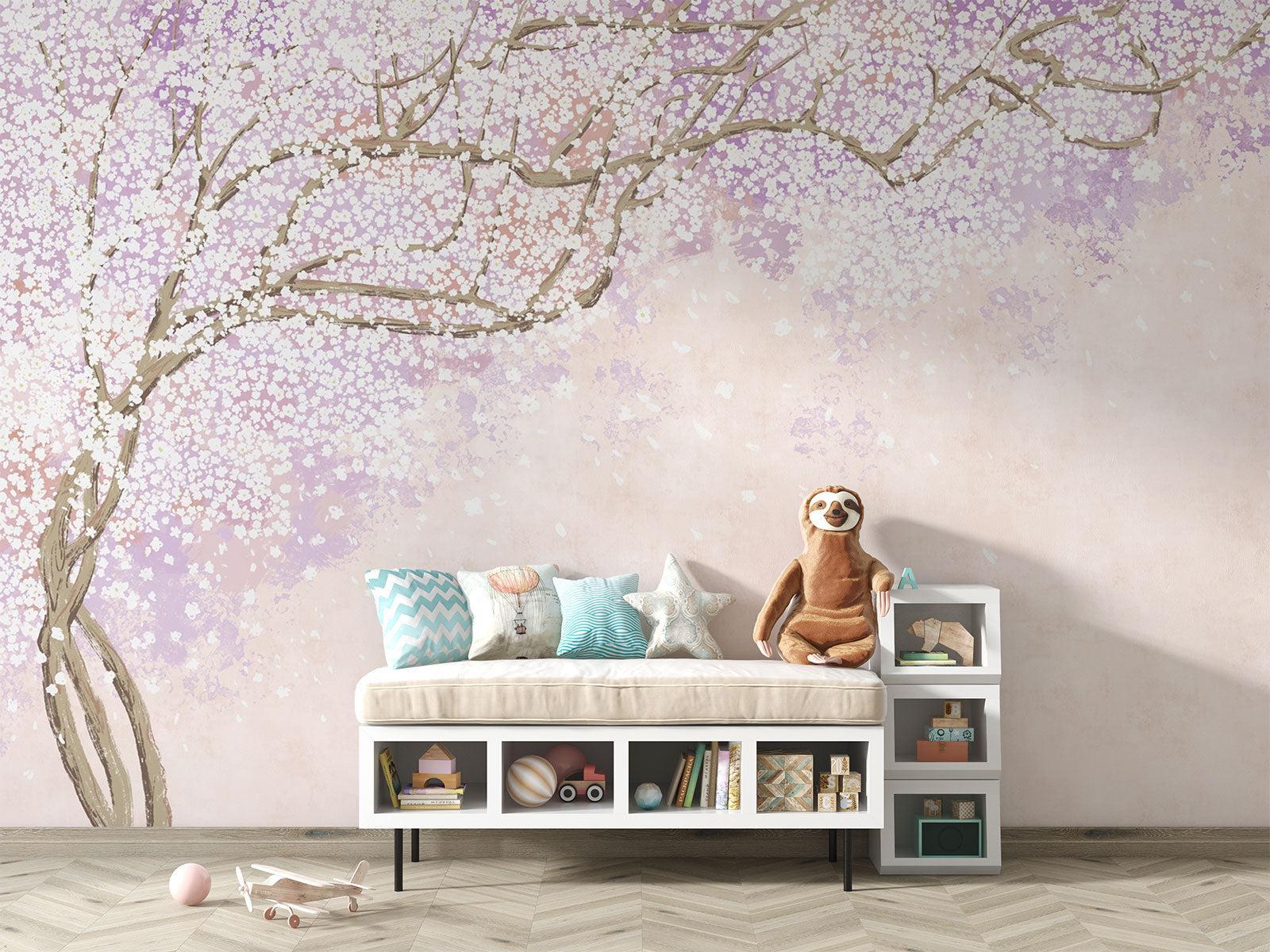 Papier Peint Cerisier Japonais Branches de Sakura Rose et Lavande Example de Design 1