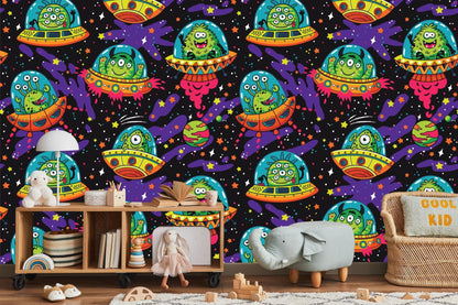 Papier Peint Espace Aliens et OVNI Colorés dans la Galaxie Example de Design 1