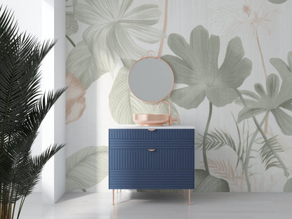 Papier Peint Feuillage Monstera et Palmiers Tons Vert Sauge Example de Design 1