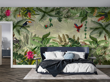 Papier Peint Jungle Tropicale Oiseaux Exotiques et Fleurs Sauvages Example de Design 1