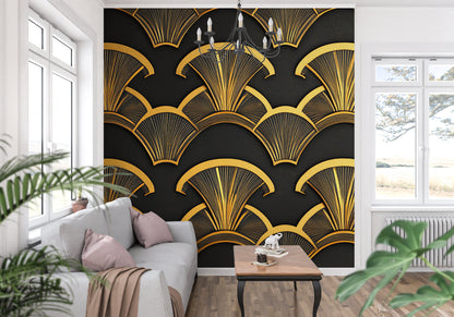 Papier Peint Art Déco Motif Éventail Noir et Doré Example de Design 1
