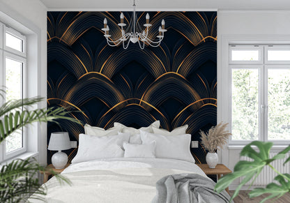 Papier Peint Art Déco Motif Éventail Géométrique Noir et Or Example de Design 1