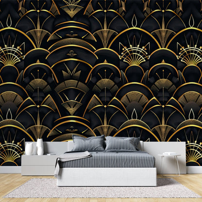 Papier Peint Art Déco Motif Géométrique Noir et Doré Example de Design 1