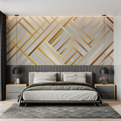 Papier Peint Géométrique Lignes Art Déco Blanc et Doré Example de Design 1