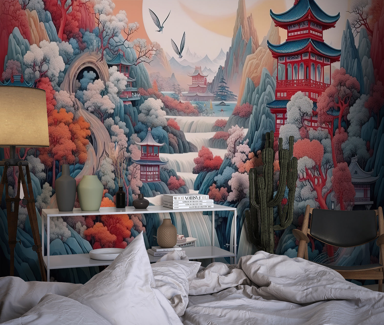 Papier Peint Japonais Paysage Traditionnel avec Pagodes et Cerisiers Example de Design 1