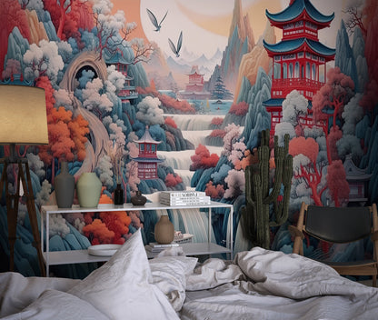 Papier Peint Japonais Paysage Traditionnel avec Pagodes et Cerisiers Example de Design 1