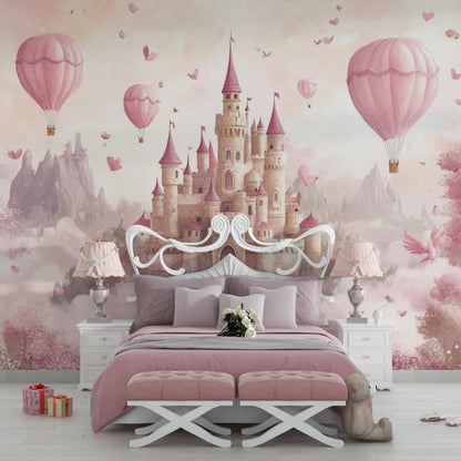 Papier Peint Château de Princesse Montgolfières Roses et Papillons Enchantés Example de Design 1