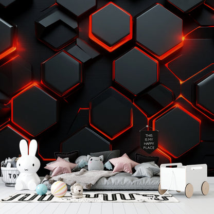 Papier Peint Géométrique Hexagones Noirs avec Contours Lumineux Rouge Example de Design 1