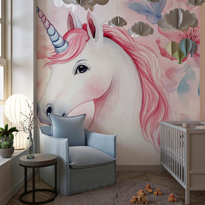 Papier Peint Licorne Aquarelle Florale Rose et Féérique Example de Design 1