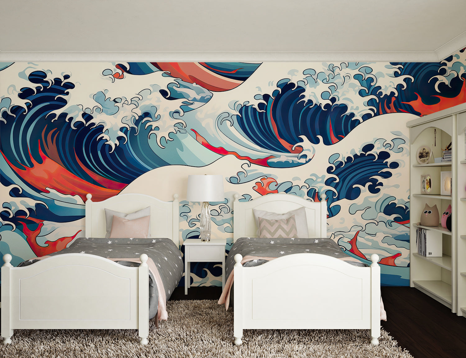 Papier Peint Japonais Vagues Dynamiques Bleu Marine et Rouge Example de Design 1
