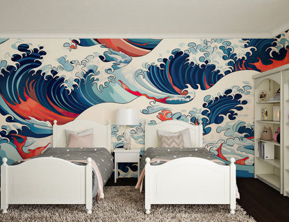 Papier Peint Japonais Vagues Dynamiques Bleu Marine et Rouge Example de Design 1
