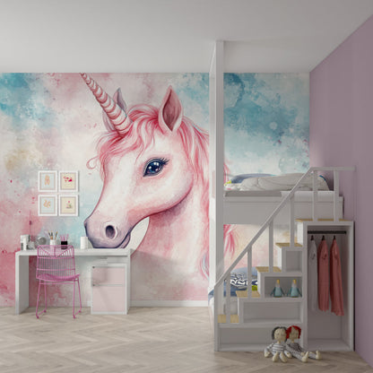 Papier Peint Licorne Portrait Aquarelle Rose et Bleu Magique Example de Design 1