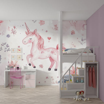 Papier Peint Licorne Aquarelle Rose avec Fleurs et Nuages Example de Design 1