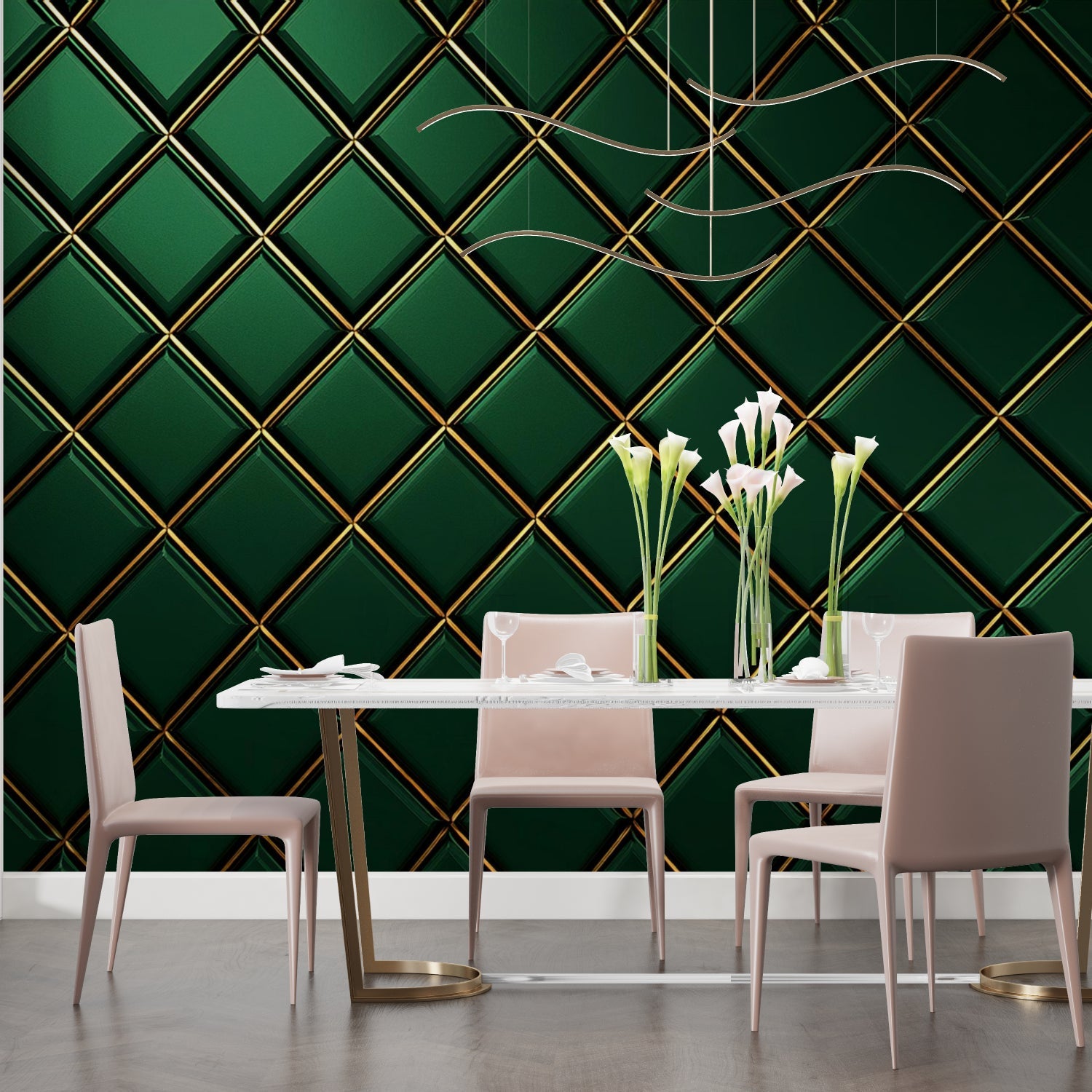 Papier Peint Géométrique Motif Diamant Vert et Doré Art Déco Example de Design 1