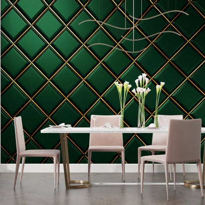 Papier Peint Géométrique Motif Diamant Vert et Doré Art Déco Example de Design 1