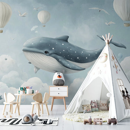 Papier Peint Baleine Scène Féérique avec Montgolfières et Nuages Example de Design 1