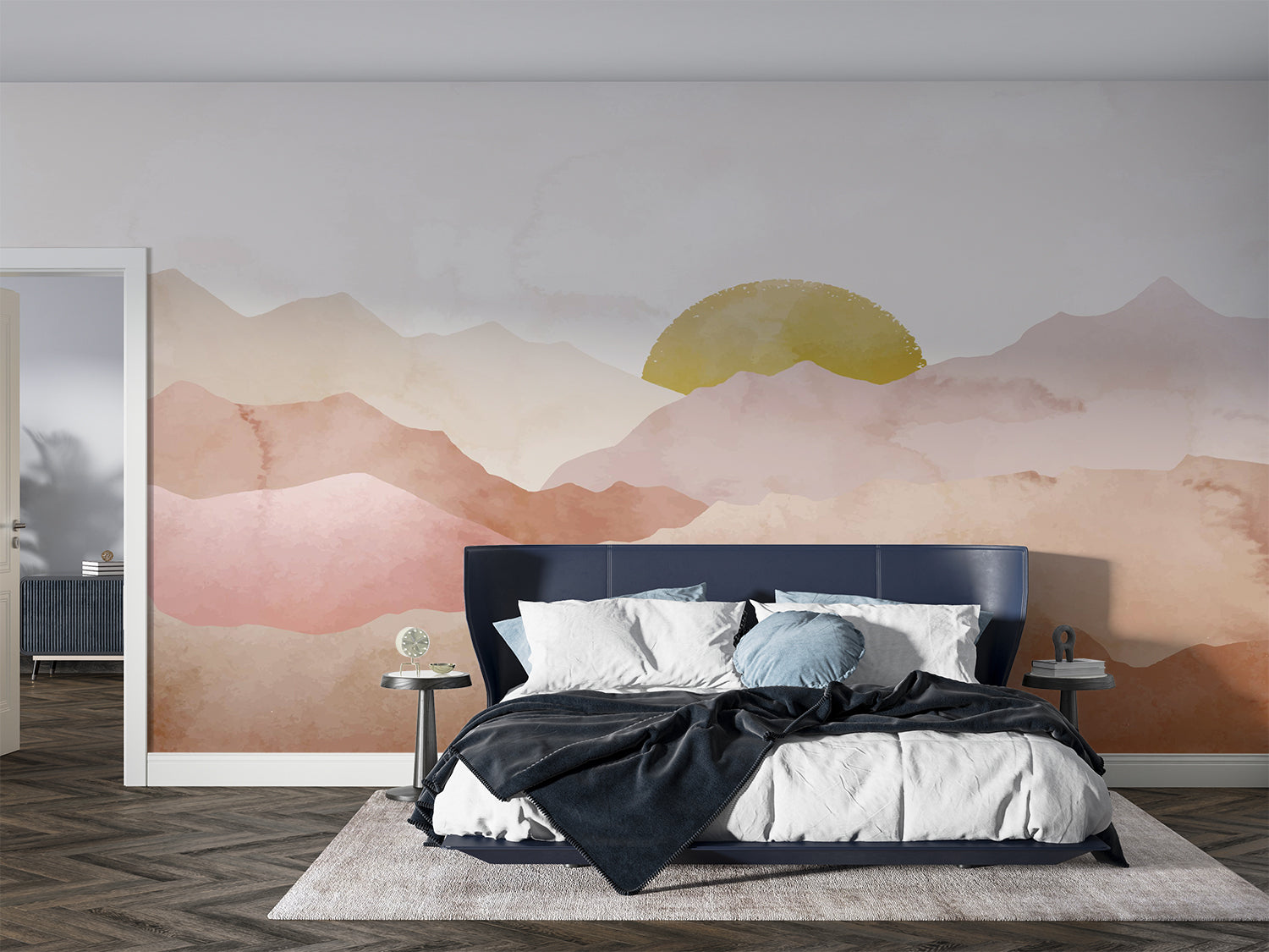 Papier Peint Montagne Paysage Aquarelle Terracotta et Soleil Doré Example de Design 1