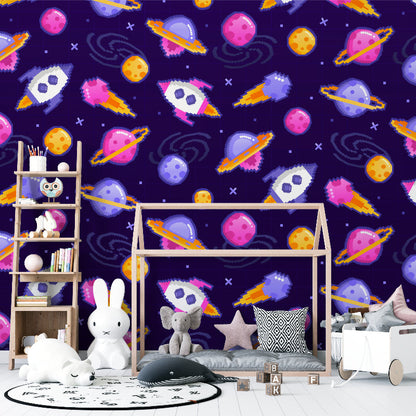 Papier Peint Espace Fusées et Planètes Style Pixel Art Example de Design 1