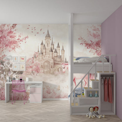 Papier Peint Château Licorne Fresque Aquarelle Rose Princesse Example de Design 1