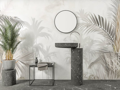 Papier Peint Palmier Feuillage Tropical en Nuances Beiges Example de Design 1