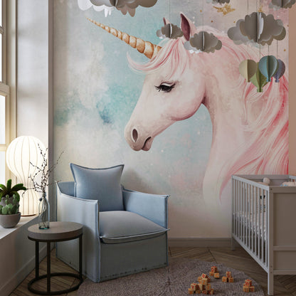 Papier Peint Licorne Aquarelle Rose et Lune Dorée Example de Design 1