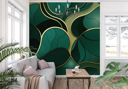 Papier Peint Art Déco Feuillage Émeraude et Lignes Dorées Example de Design 1