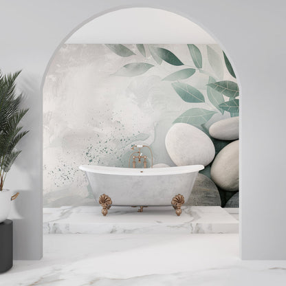 Papier Peint Zen Feuilles de Sauge et Galets Naturels Example de Design 1