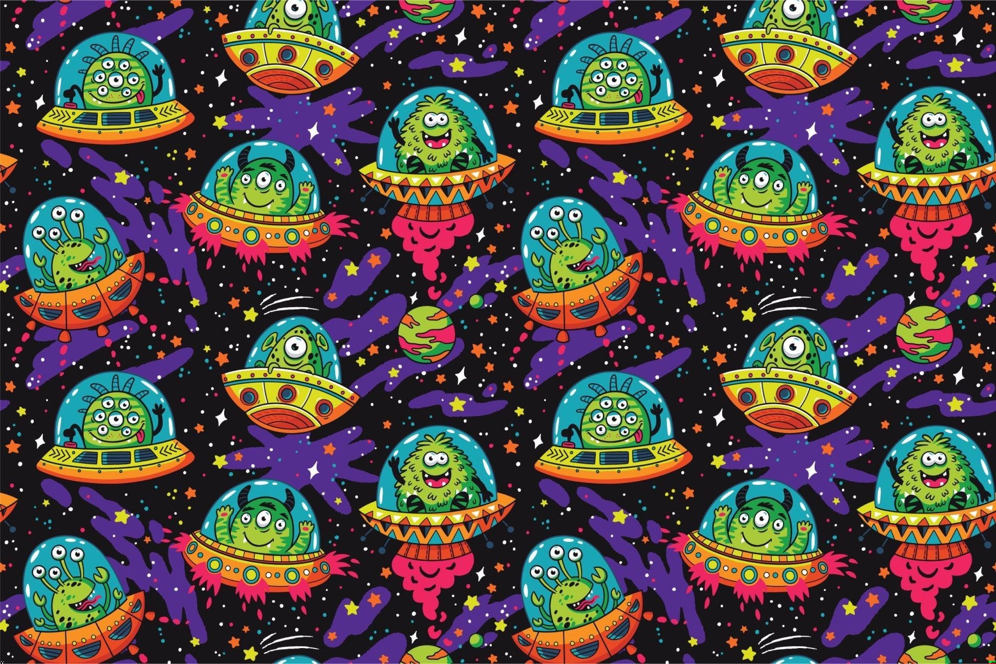 Papier Peint Espace Aliens et OVNI Colorés dans la Galaxie