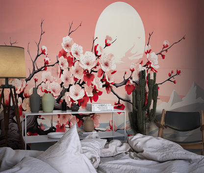 Papier Peint Japonais Cerisiers en Fleurs et Pleine Lune Rose Example de Design 2