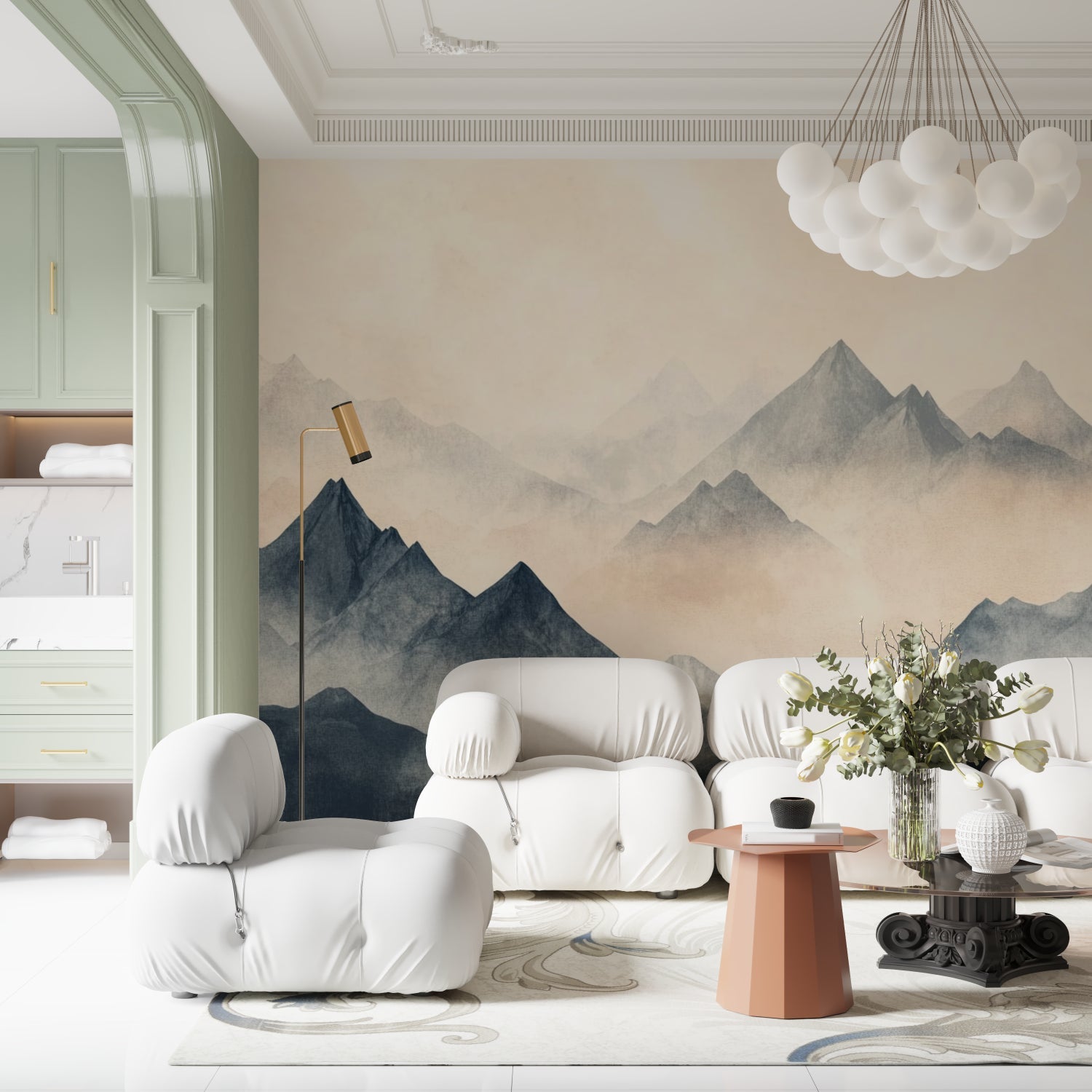 Papier Peint Montagne Paysage Aquarelle aux Sommets Brumeux Example de Design 2