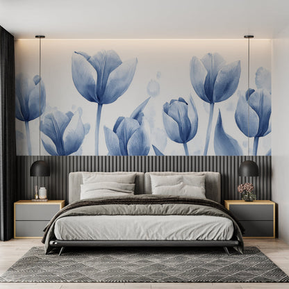 Papier Peint Tulipes Aquarelle Florale Bleu Azur Example de Design 2