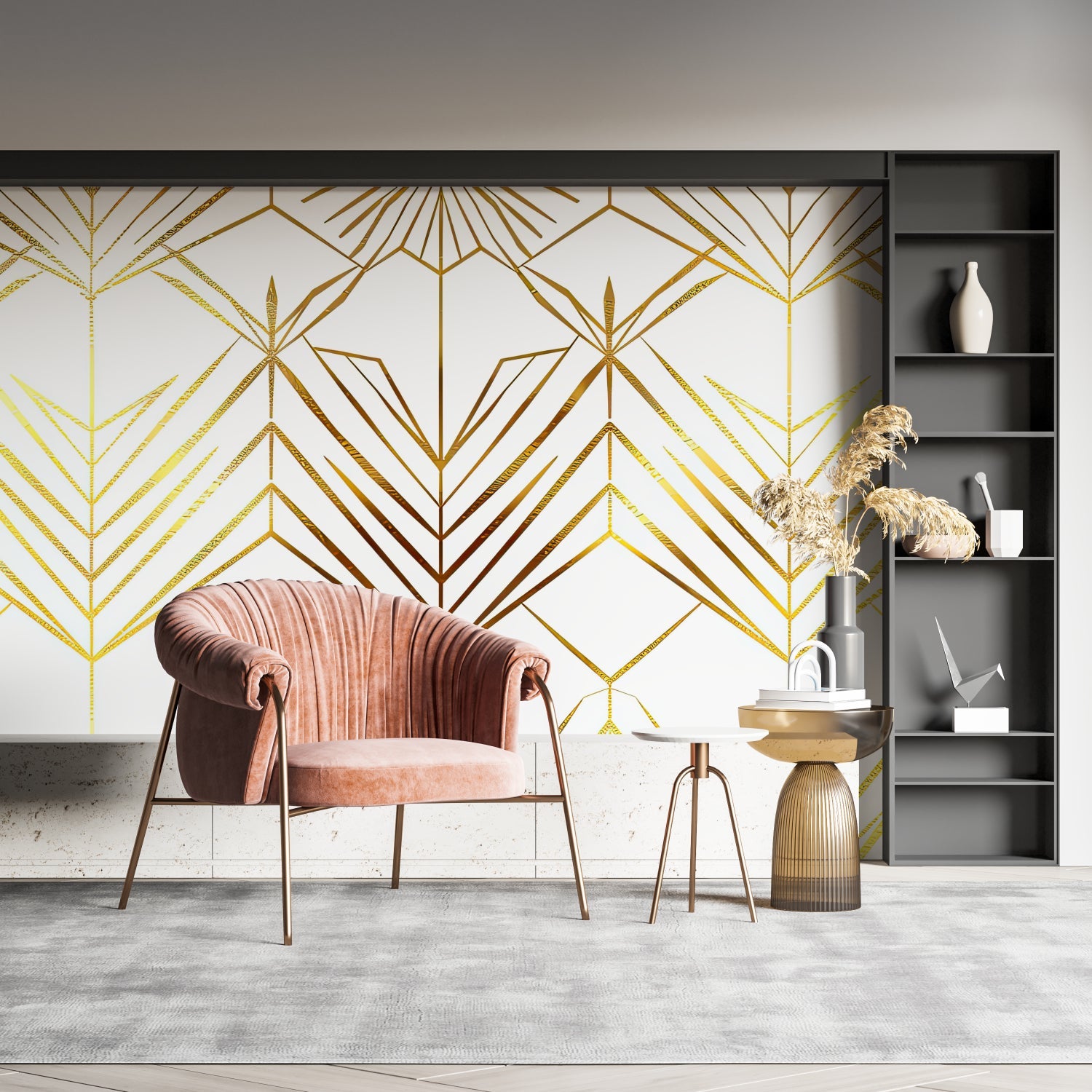 Papier Peint Art Déco Motif Géométrique Doré sur Fond Blanc Example de Design 2