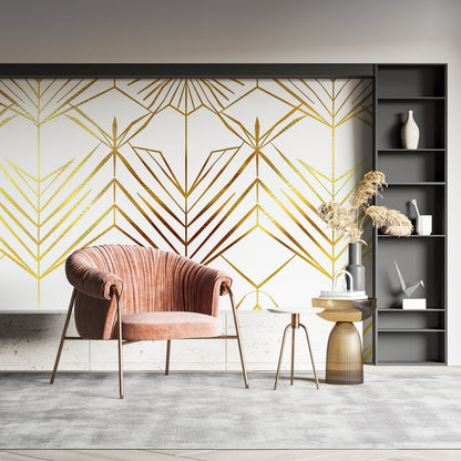 Papier Peint Art Déco Motif Géométrique Doré sur Fond Blanc Example de Design 2