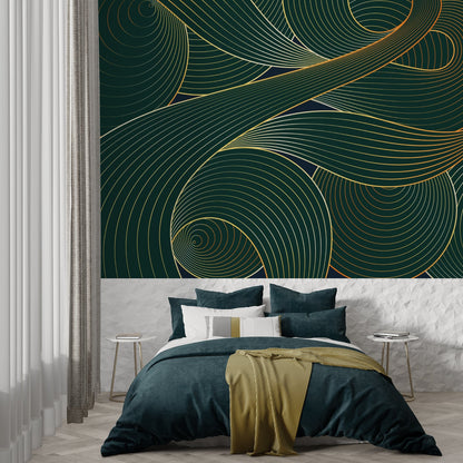 Papier Peint Art Déco Motif Vagues Émeraude et Or Example de Design 2