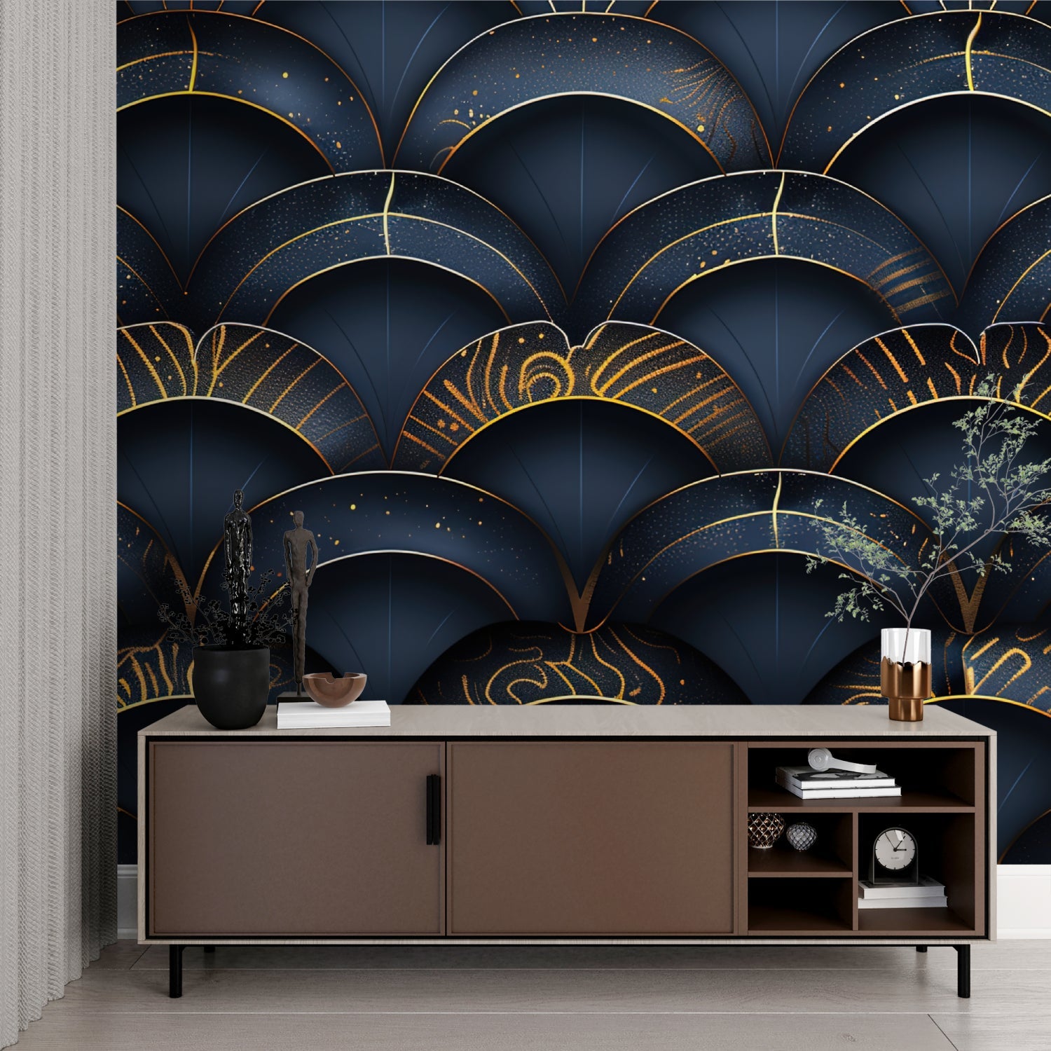 Papier Peint Art Déco Arches Géométriques Bleu Marine et Or Example de Design 2